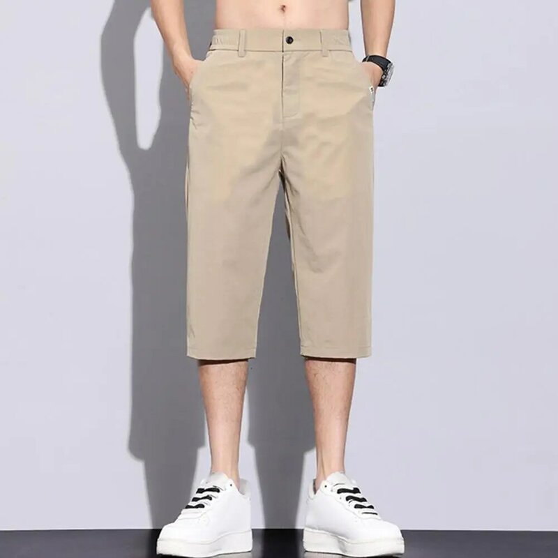Men Shorts Men's Quick-drying Ice Silk Cropped Pants with Button Zipper Closure Side Pockets Solid Color Straight Thin for Wear