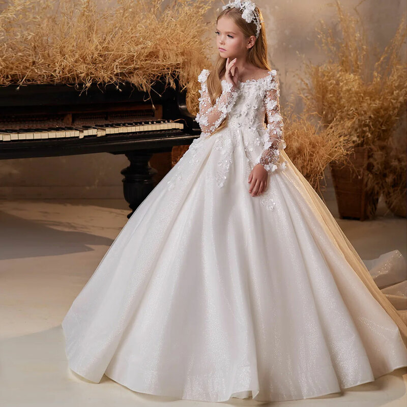 Jill Wish Luxury Wihte Flower Girl Dress 3D FLowers Elegant Princess Kids Wedding Birthday First Communion Party Gown 2024 J268
