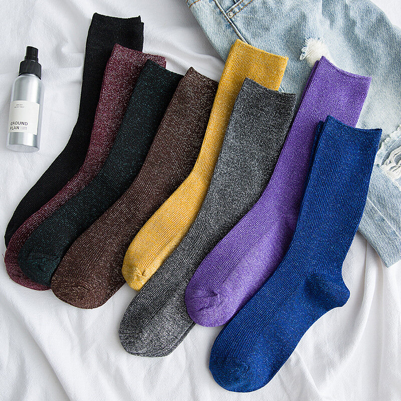 Яркие блестящие женские носки, модные блестящие носки, милые золотистые и Серебристые носки, весна-осень, дышащие носки