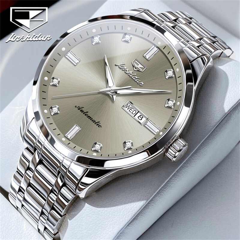 JSDUN-Montre classique mécanique en acier inoxydable, bracelet de montre, cadran rond, affichage de la semaine, calendrier, cadeau, 8841
