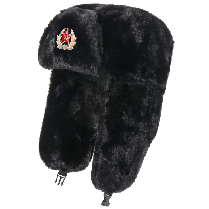 SupSindy โซเวียต Badge Ushanka ผู้ชายผู้หญิงหมวก CCCP นักบินนักบิน Trapper Trooper หมวกฤดูหนาว Faux Rabbit Fur Earflap หมวกหิมะ