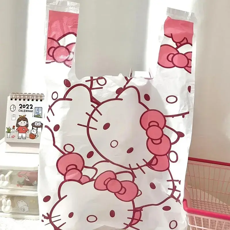 Tas gendong Hello Kitty 50 buah tas hadiah tas belanja belanja belanja Supermarket ritel lucu tas plastik dengan pegangan kemasan makanan rumah