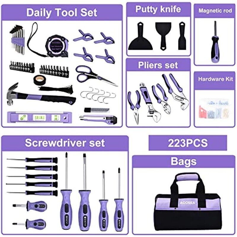 XMSJ Set alat mekanik ungu, Set alat 223 buah untuk wanita, Kit alat dengan 13 inci mulut lebar tas alat ungu