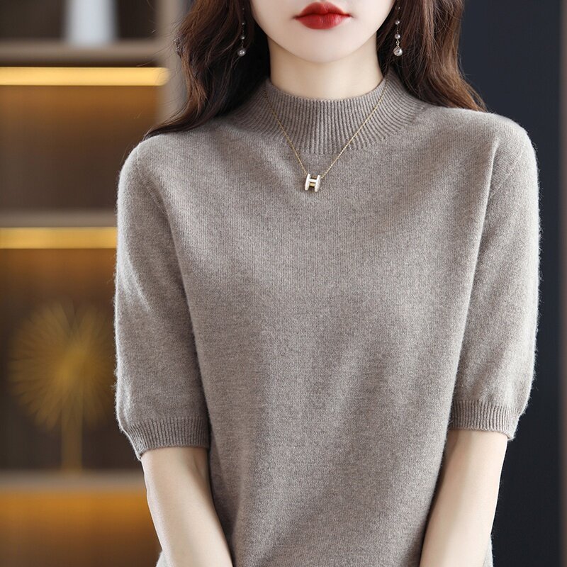 Suéter de cachemira de manga corta sin costuras para mujer, Jersey de punto 100% de lana pura, prendas de vestir exteriores coreanas de moda, primavera 2022