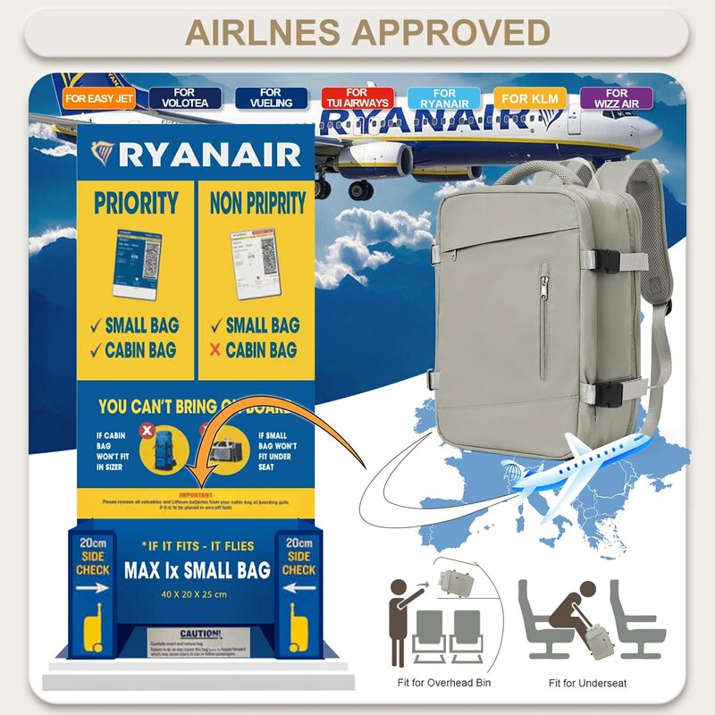 Mochila de viaje con diseño de Ryanair para hombre y mujer, bolsa de viaje de 40x20x25, antirrobo, extensible, para ordenador portátil