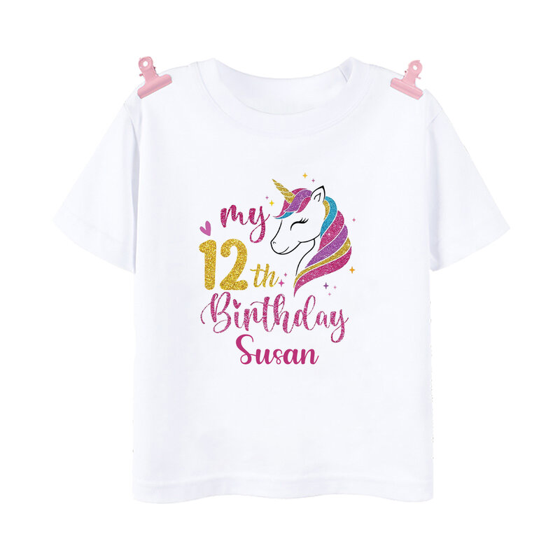 Camiseta de unicornio personalizada para cumpleaños de 1-12, camiseta de fiesta para niñas, ropa de unicornio con nombre, camisetas de moda para niños