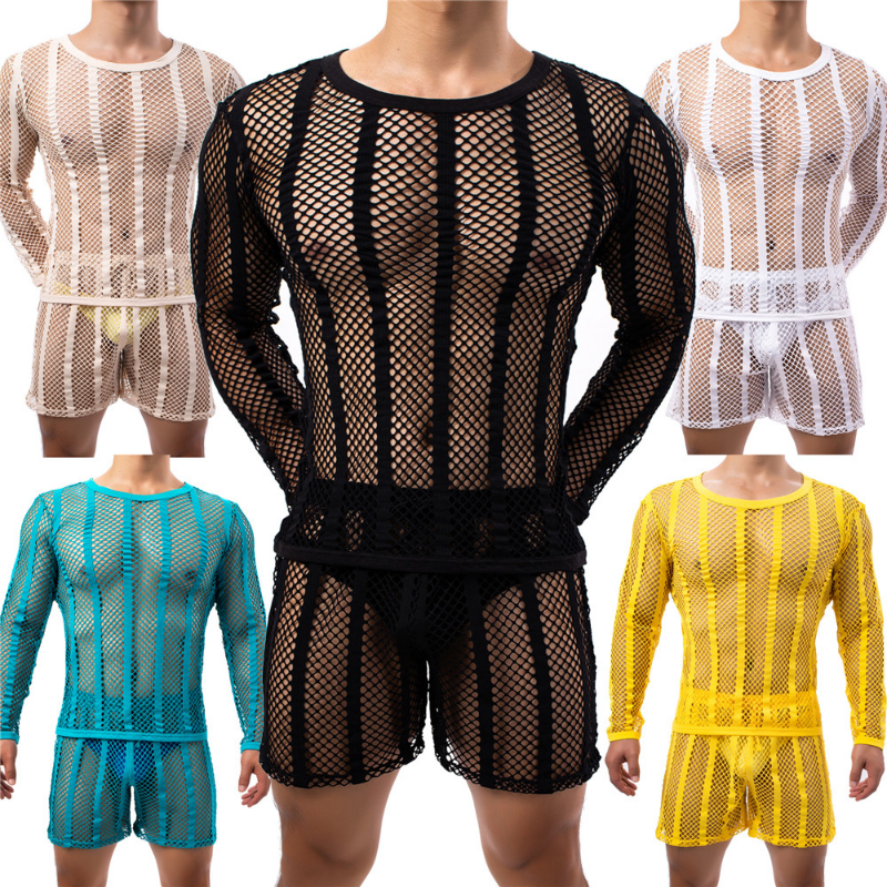 Kaus Dalam Pria Seksi Kaus Jaring-jaring Transparan Lengan Panjang Atasan Kebugaran Pakaian Dalam Tipis Set Baju Pria Boxer
