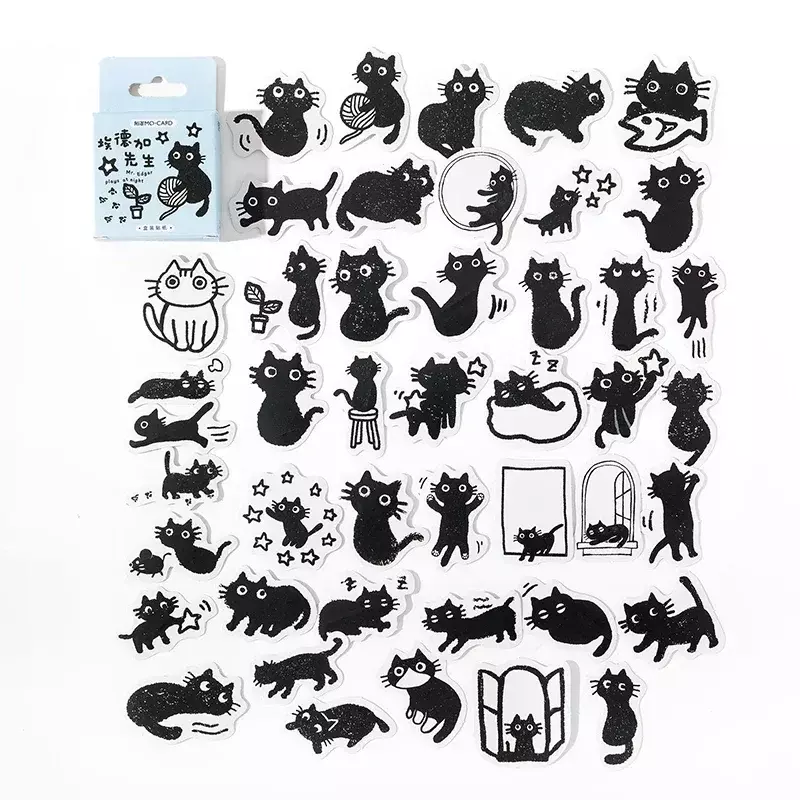 Autocollants décoratifs en boîte de chat noir Krasnosticker, étiquette de scrapbooking, album de papeterie de journal intime, licence de journal de téléphone, 45 pièces