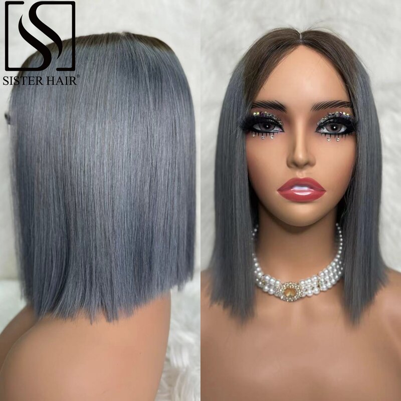 180% Density Grey Straight Bob Wig Human Hair Wigs 2x6 Lace Short Straight Colored Bob Wigs PrePlucked Brazilian Women Hair Wigs
