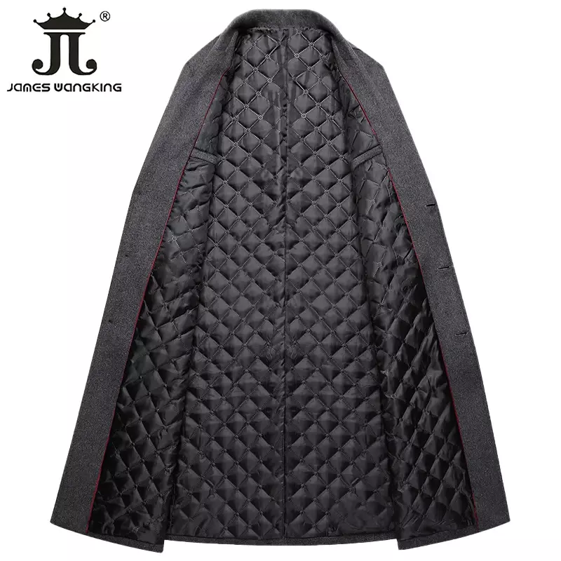 Mantel wol hitam abu-abu pria, jaket Trench wol hangat ekstra panjang warna polos klasik butik musim gugur dan musim dingin 2024
