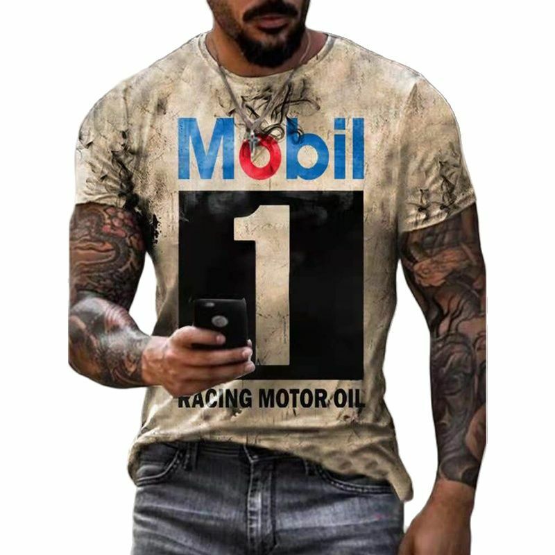 Camisetas masculinas vintage de manga curta, tops com letras estampadas retrô 3D, camiseta com óleo para homens, camisetas de motocicleta, camisetas grandes