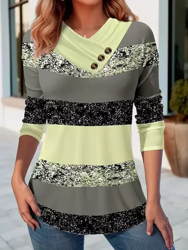 Jersey de Color a rayas para mujer, camisetas ajustadas de moda informal, camiseta de manga larga con cuello en v, blusa con botones para mujer