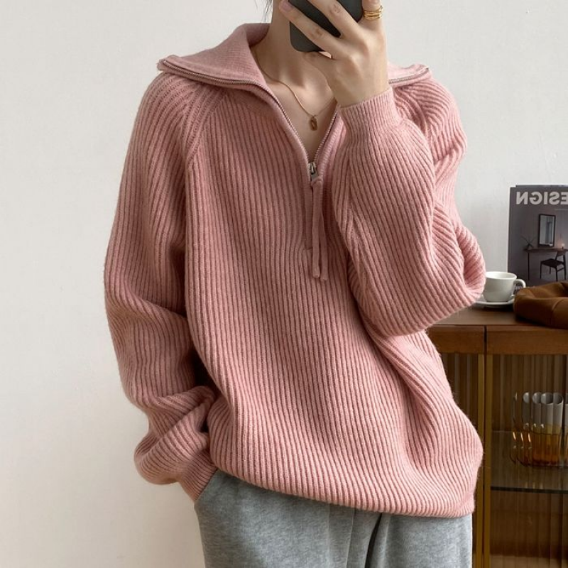 Women's Pink Sweater Knit Knitted Cardigan with Zipper for Women Korean Vintage Cold Blouse Tops Winter Clothes Style 2023
