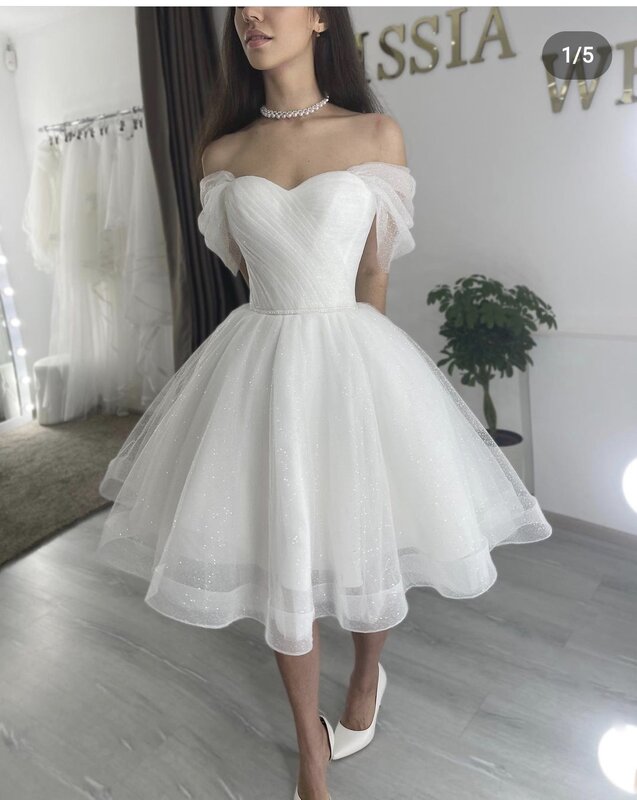 Gaun pengantin pendek payet pernikahan duzs renda belakang panjang selutut bahu untuk wanita menyesuaikan untuk ukuran gaun pengantin