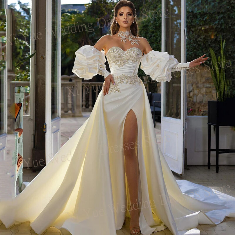 Zwykłe, hojne satynowe suknie ślubne księżniczki aplikacje marszczone suknie panny młodej z wysokim rozciętym rękawem latarni na ramieniu syrenka