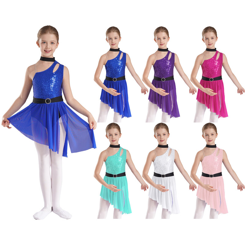 Dziecięce dziewczęce cekiny sukienki do tańca latynoskiego bez rękawów rozcięcie z boku asymetryczny brzeg sukienka baletowa łyżwiarstwo figurowe konkurs wydajności