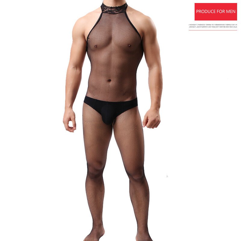 Pulôver masculino fino malha leggings transparente ultra-fino alta estiramento meias masculino frente e traseira oco virilha de uma peça