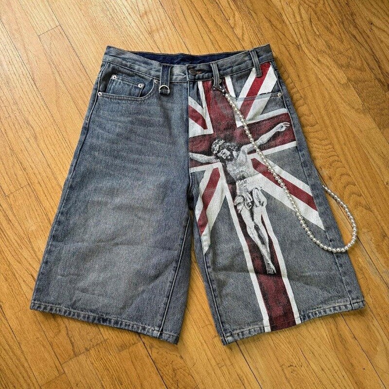 2024 European and American Street Hip-hop Denim Shorts Men Y2k Casual Harajuku Retro Pattern Printed Oversized Jeans Women