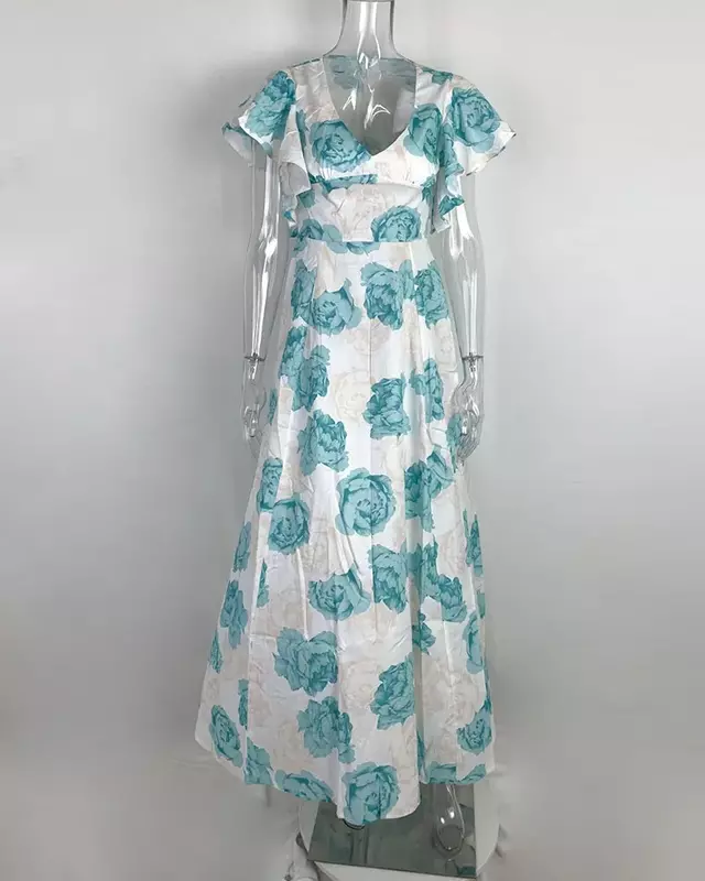 Mode Sommer Blumen pendeln V-Ausschnitt Holz Ohr Rand Ärmel Taille eingeklemmt gedruckt großen Saum Kleid Geburtstags feier Kleid hh06