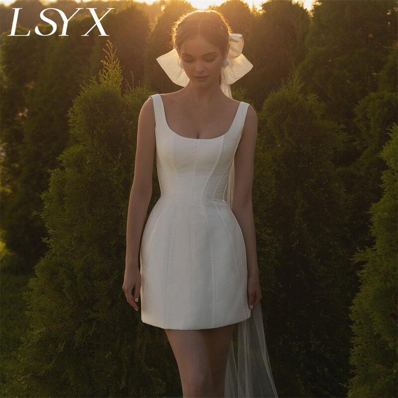 LSYX gaun pernikahan Mini tanpa lengan leher persegi sederhana untuk wanita ritsleting belakang di atas lutut gaun pengantin pendek buatan khusus
