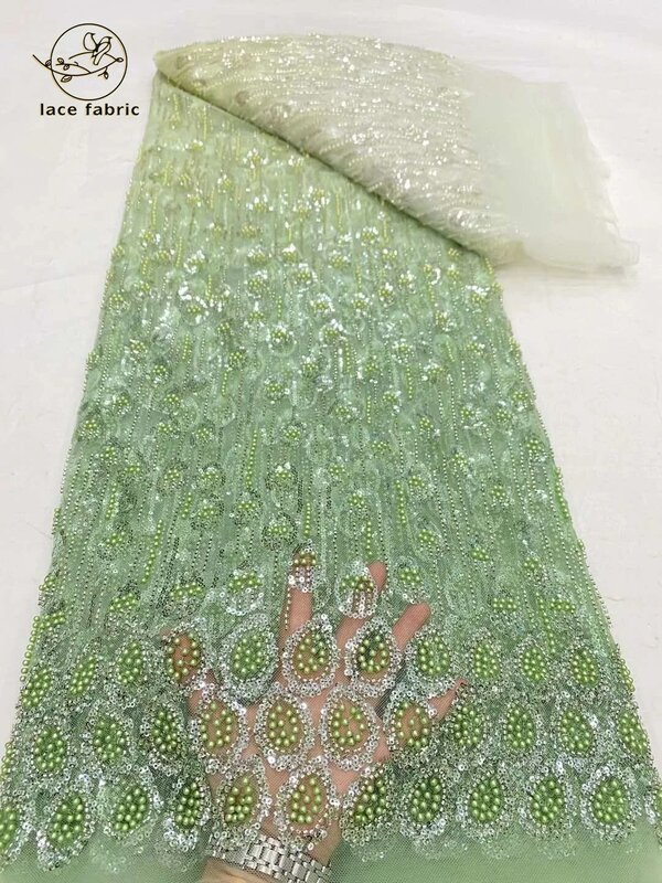 Gelbe afrikanische handgemachte Perlen Tüll Spitze Stoff hochwertige 3D Pailletten Französisch Luxus Stoff für Braut Hochzeit Party Kleid