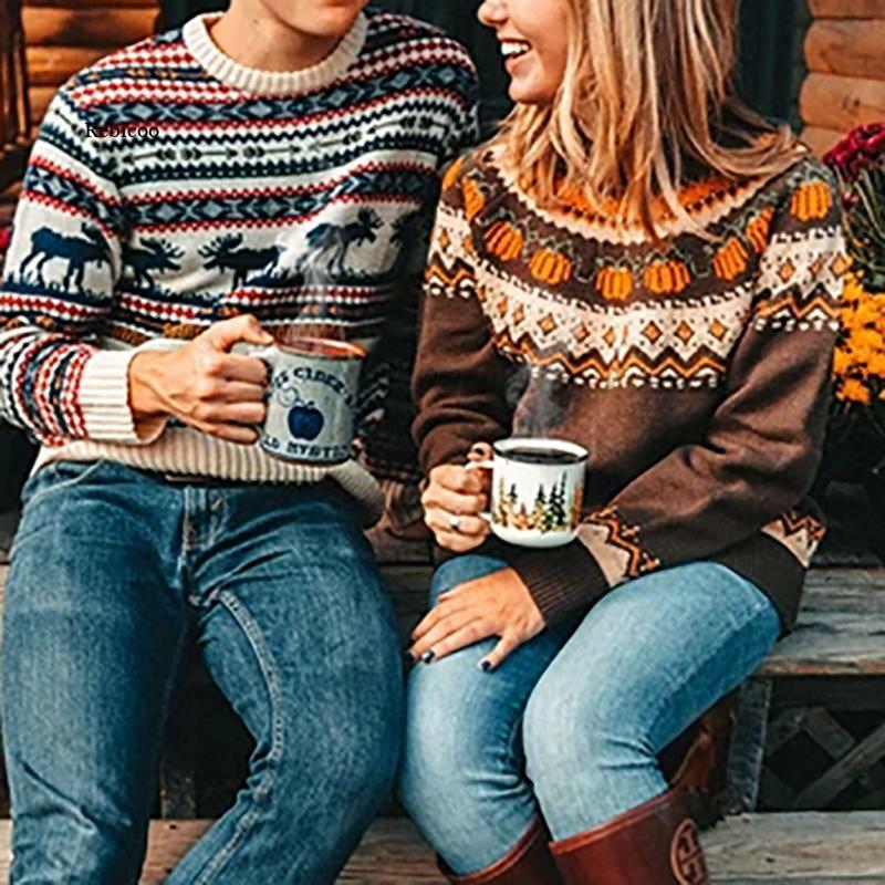 Boho Pumpkin Knitted Pullovers Women Christmas Ladies Ethnic Warm Sweaters Female Loose 2021 Autumn Winter New Fashion
