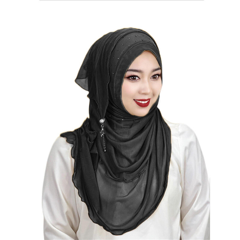 무슬림 여성 즉석 히잡 진주 다이아몬드 태슬 터번 이슬람 아미라 숄 스톨 헤드랩 기도용 스카프, 풀온 착용 스카프