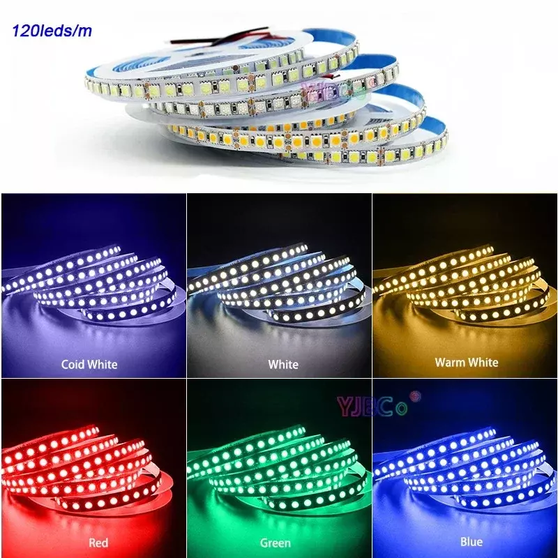 Tira de luces LED Flexible de un solo color, cinta de luz de 12V CC, 120LEDs/m, 5M, 60LEDs/m, SMD 5050, IP30 NP, blanco cálido, rojo, verde, azul, RGB, CCT