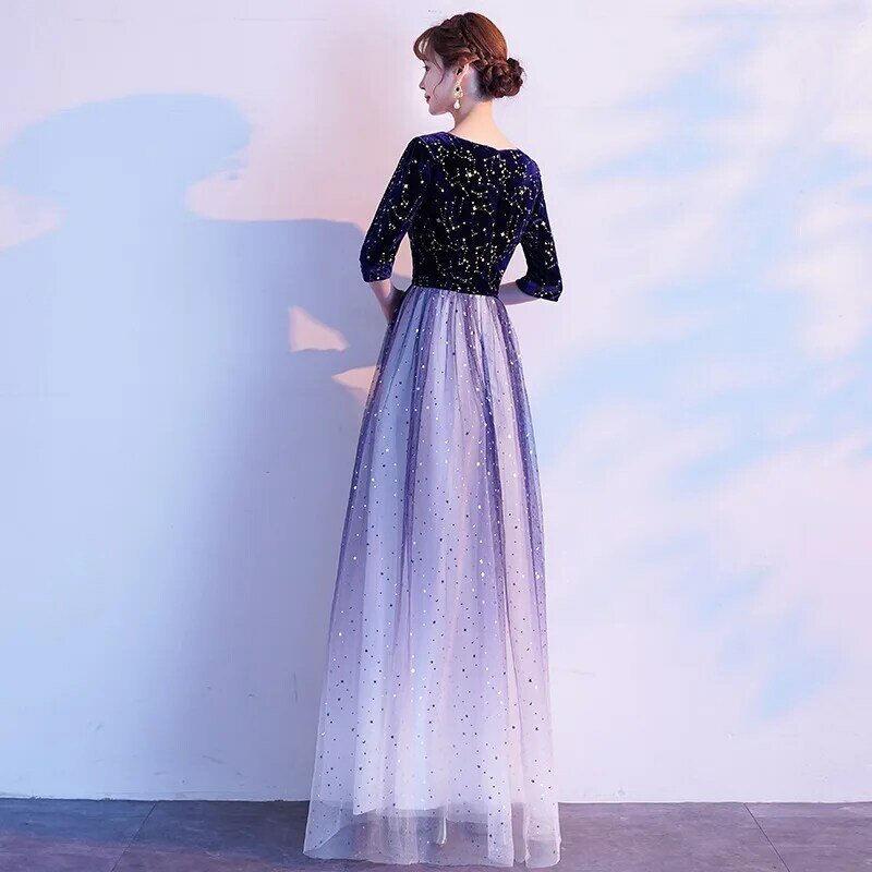 DongCMY новые длинные Официальные Вечерние платья, темно-синее женское платье, элегантное платье с аппликацией