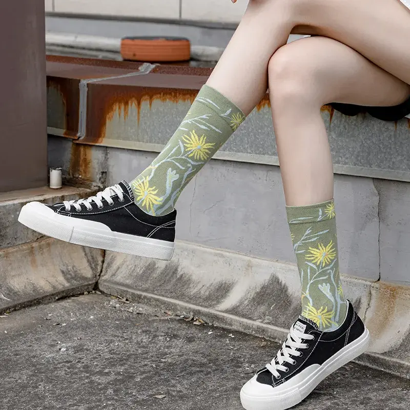 Calcetines de lona con diseño de plantas para mujer, medias divertidas de tejido Jacquard, con diseño abstracto, 1 par