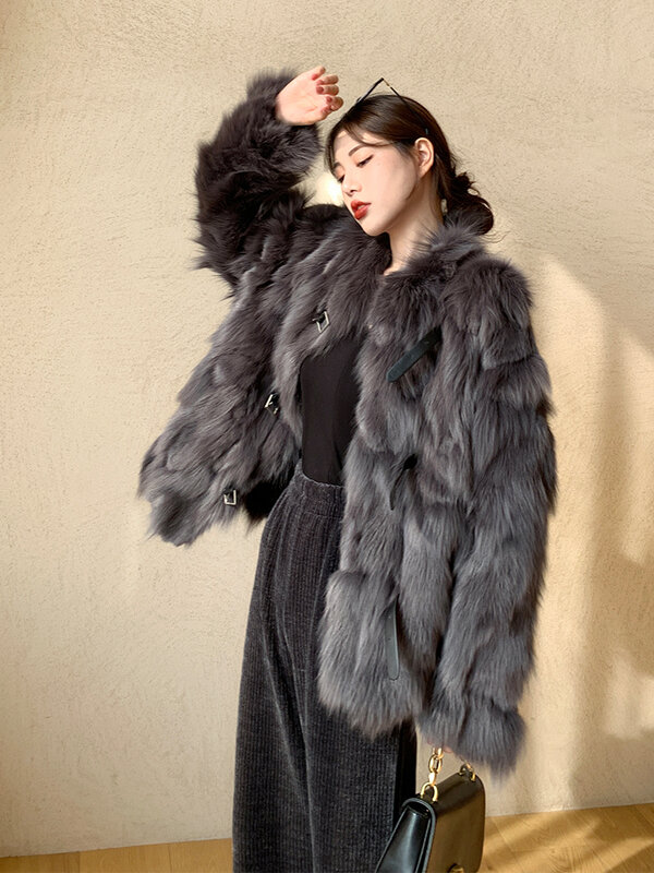Manteau en fourrure de renard 100% naturelle pour femme, veste de haute qualité, tempérament Mujer