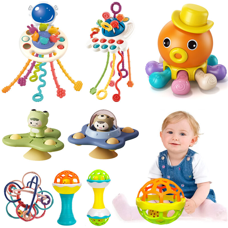 Montessori brinquedos do bebê caranguejo mão dedo imprensa puxar brinquedo desenvolvimento brinquedos sensoriais 6 12 meses silicone mordedores para chocalho do bebê brinquedo