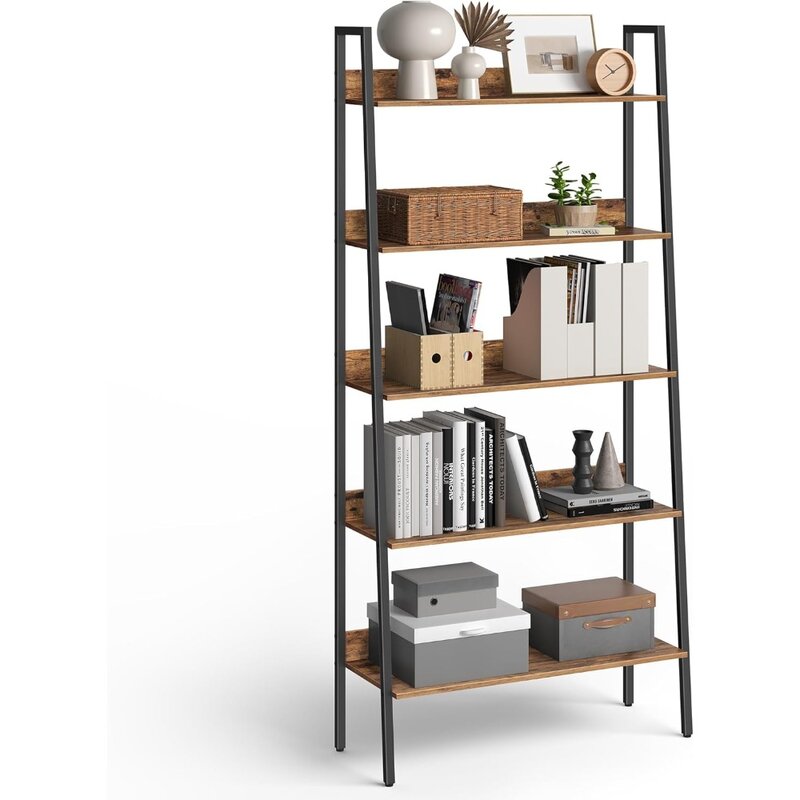 Bookshelf, 5-Tier Bookcase, Ladder Shelf for Home Office, Living Room, Bedroom, Kitchen, Rustic Brown and Ink Black