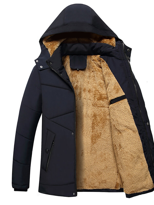 Parka jaket bertudung pria, Luaran bulu tebal hangat hitam ukuran Plus kasual mode musim dingin