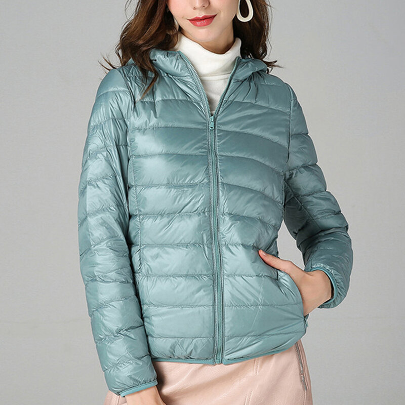 Jaket musim dingin wanita, jaket tudung wanita, kerah berdiri, jaket musim dingin ukuran Plus, warna Solid, jaket hangat untuk pergi belanja