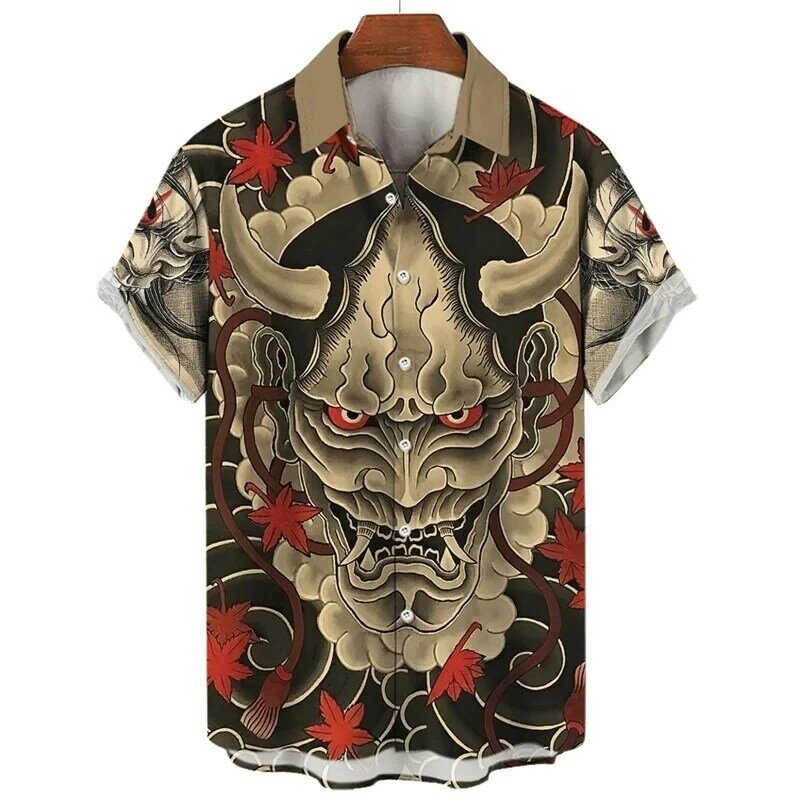 Винтажная рубашка в стиле ретро с 3D-принтом японского самурайского черепа, мужские уличные Топы с коротким рукавом, мужская одежда в стиле Харадзюку, тонкая
