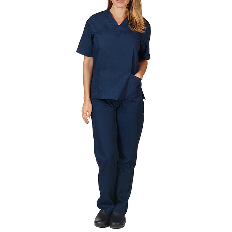 Set seragam perawat baru blus lengan pendek wanita scrub Suster beku pakaian kerja blus V-neck baju atasan celana elastis Set