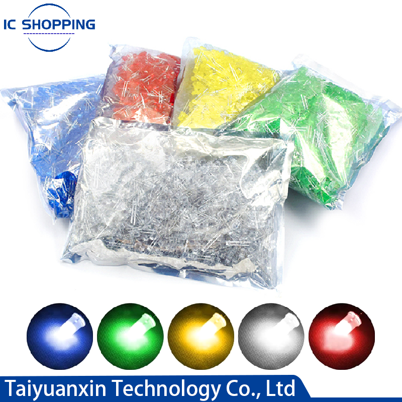 Perle de lampe LED à bulles, rouge, vert, jaune, bleu, blanc, droit dans tout le paquet, F3, F5, diamètre 3mm, 5mm, 1000 pièces