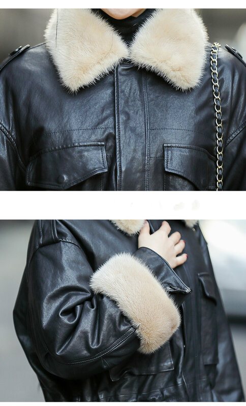 Jaqueta de couro genuíno para mulheres, casaco de pele de carneiro feminino, gola de pele de vison, outono e inverno, 2023, novo
