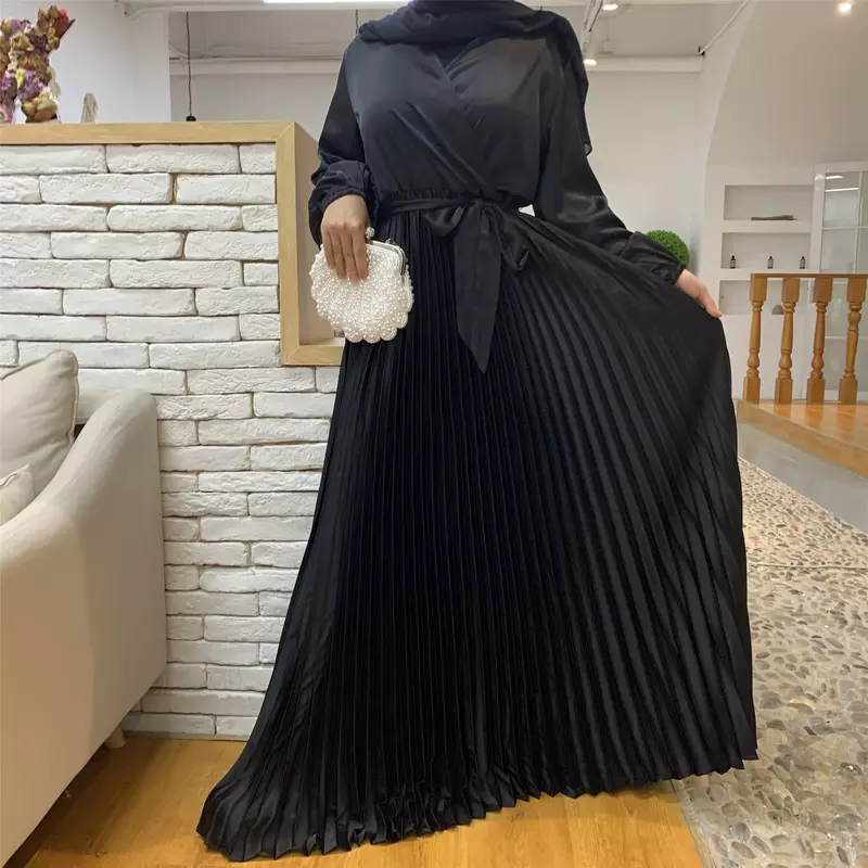 Dubai abayas-女性用プリーツドレス,シンプル,無地,レースアップ,イスラム教徒,パッチワーク