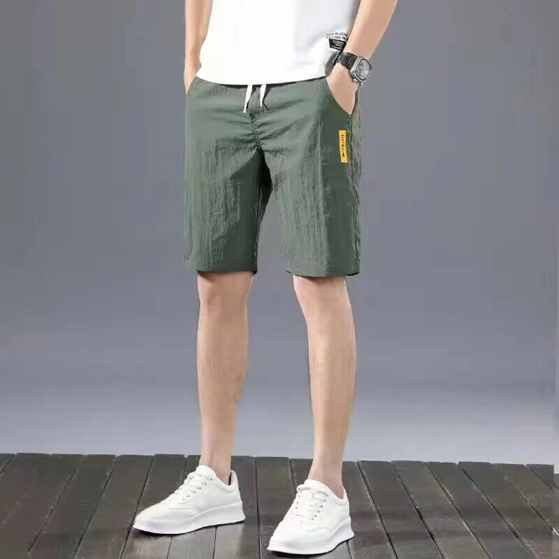 Pantalones con cordon de cintura media para hombre, pantalones de channdal de poliéster con bolsillos y cordones, de verano