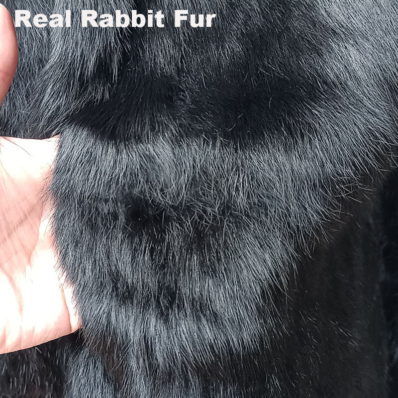 Damska prawdziwe futro królika z długim rękawem krótka zimowa ciepła prawdziwe futro z królika kurtka z golfem moda luźna futro naturalne