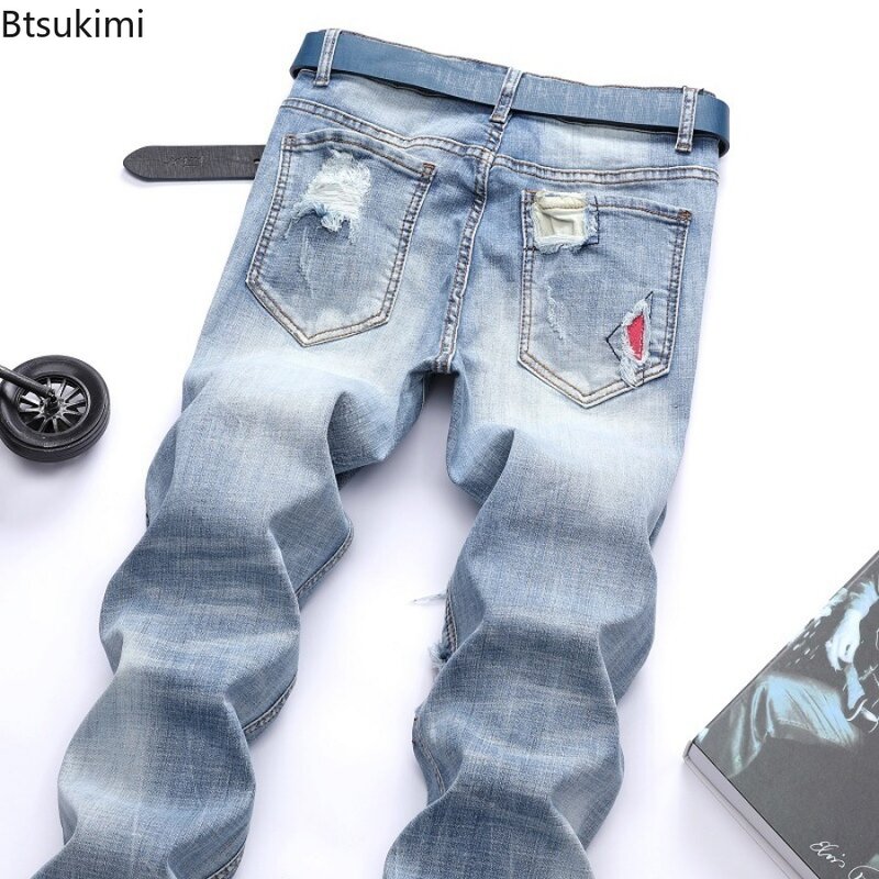 Pantalones vaqueros de estilo callejero para hombre, Jeans ajustados de algodón con agujeros, estilo Hip Hop, talla grande 28-42, 2024