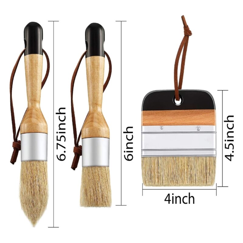 3Pcs 재사용 가능한 나무 손잡이 천연 강모 브러쉬 라운드 & 와이드 & 뾰족한 분필 및 왁스 페인트 브러시 그림 및 왁싱 도구