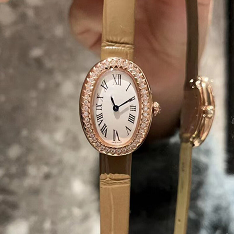 Designer Vintage Diamant ovale Quarzuhr Frauen neue Vieh gürtel Kristall Spiegel uhr Mode Luxus elegante Uhr