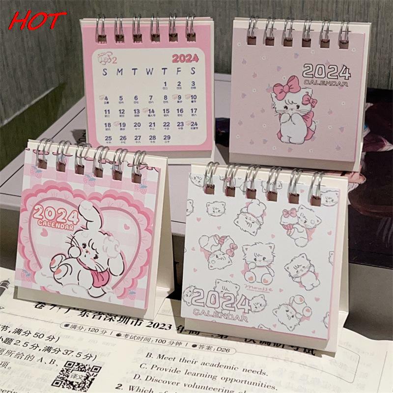 Настольный календарь с мультяшным розовым котом, настольный мини-календарь с откидной крышкой, маленький ежедневный план, ежемесячный календарь для дома, 2024