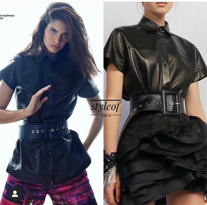2023 New Arrival Women Fashion Genuine Leather Coat Short Sleeve,Black Real Leather Shirt With Belt E3