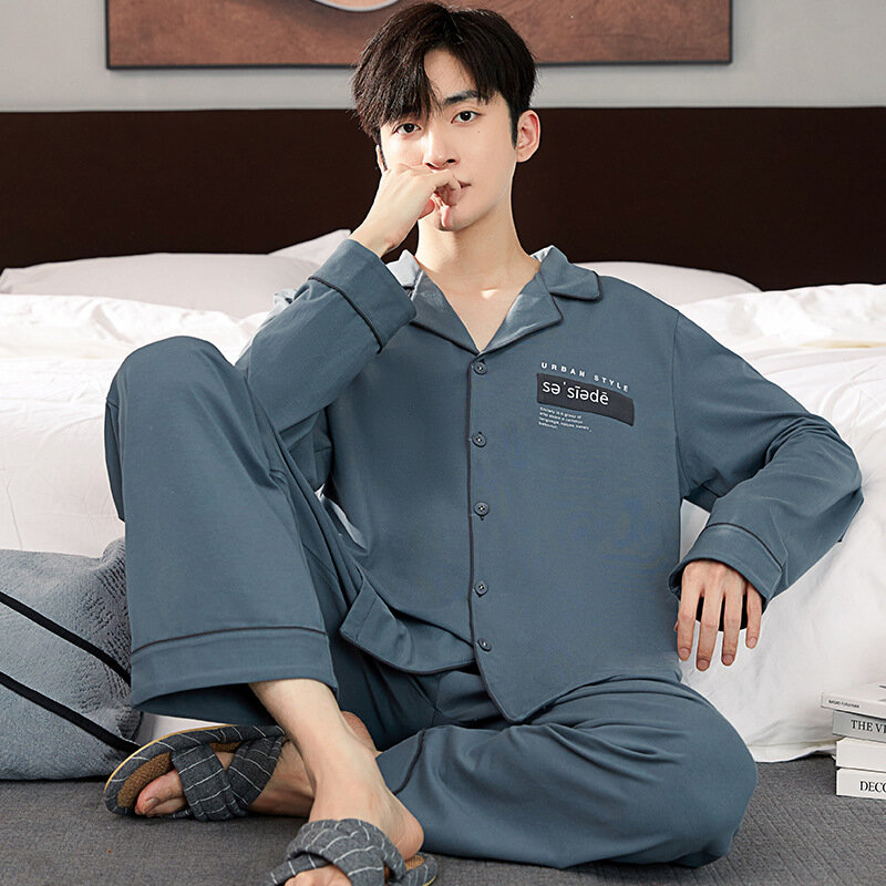 Koreańska moda bawełniana ubrania domowe dla mężczyzn jesienny Cardigan długa piżama zestaw 2023 nowa bielizna nocna 2 sztuki piżama piżama homme