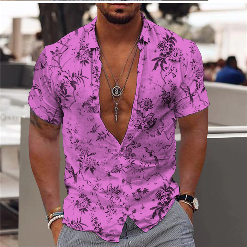 Camisa floral de manga curta masculina com botão de lapela, impressão 3D, street fashion, verão, Xs-6, 2024