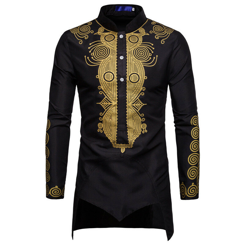 Camisa musulmana para hombre, ropa islámica, Tops de Color con soporte, estampado nacional Kurta, camisas de manga larga, ropa de calle folclórica de Hip Hop